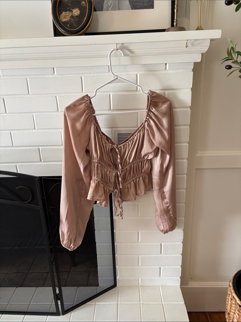 Forever 21 Rose Taupe Satin Ruched Tie-Front Crop Blouse
